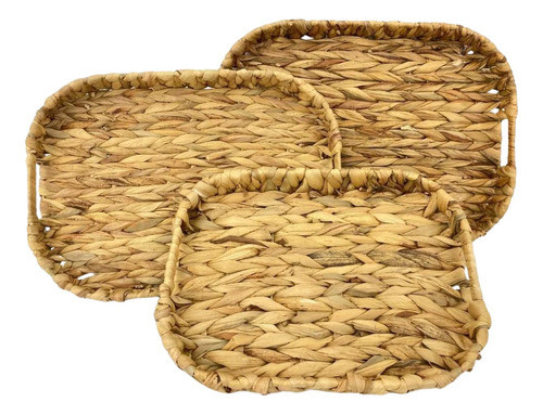 Set Bandejas Fibras Naturales De Jacinto Rectangular Con Asa 0