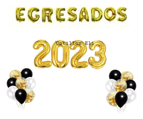 Combo Cotillon Egresados Globos Deco Negro Dorado Letras 2 0