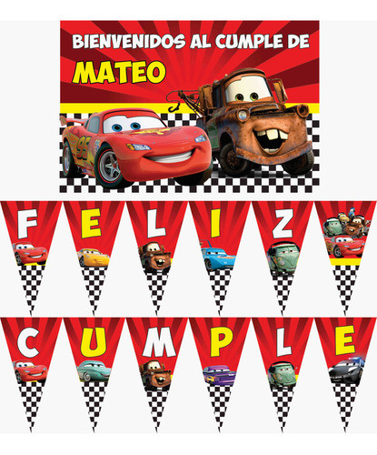 Cars Rayo Mcqueen Mate Cartel Y Banderín Decor Cumpleaños 0