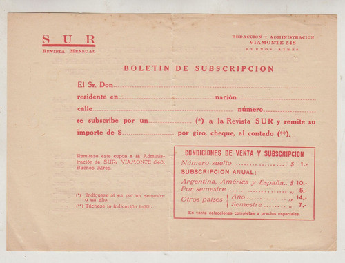 Argentina Revista Sur Antiguo Formulario De Suscripcion 0