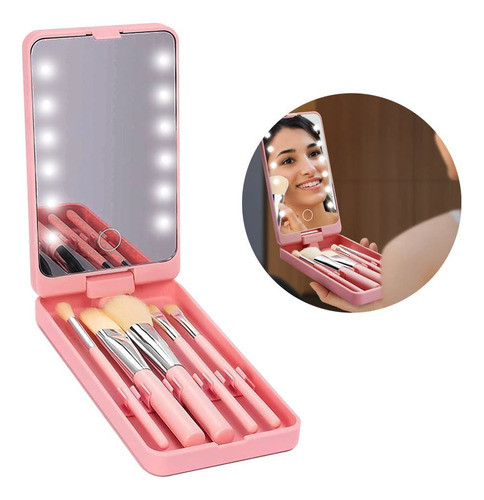 Set Pinceles Y Brochas Maquillaje Estuche Y Espejo Luz 0