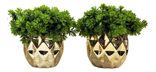 Kit 2 Vasinhos Geométricos Dourado + Planta Artificial 0