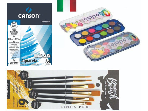 Bloco Papel Canson  +  Aquarela 12 Cores +  +  6 Pinceis 0