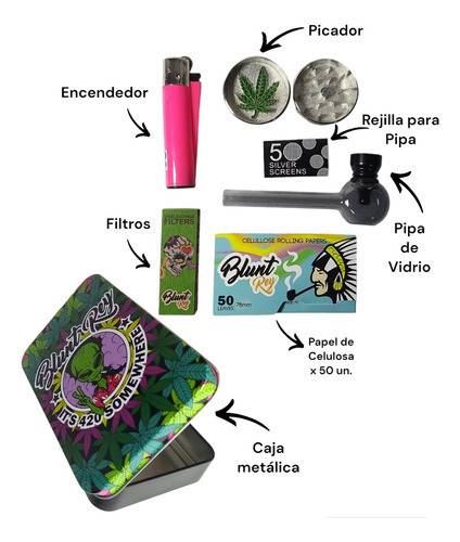 Kit 420 Pipa Vidro Celulosa Picador Encendedor Y Filtro 1