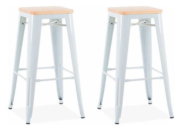 Set De 2 Banquetas Altas Tolix Metal Con Madera Bar  Blanca 0