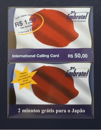2 Cartões Telefônicos Embratel Pré-pagos: Japão. Diferentes. 0