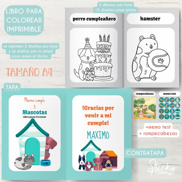 Libro Colorear Personalizado Imprimible Mascotas Cumple 1