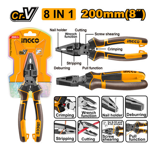 Pinza Universal 8  200mm Cr-v Multifuncion 8 En 1 Ingco Hmfc 1