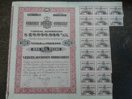 20 Acciones Coronet Plastic Company 1959 * Serie 80 * 0