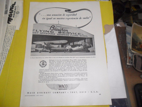 Waco Airplanes Troy Ohio Baryton Shell Aereo Publicidad 1941 0
