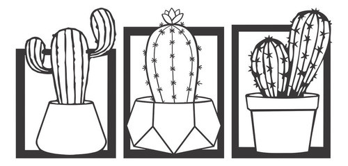 Kit 3 Quadros Decorativos Floral Cactos 3d Mdf 3mm Preto 0