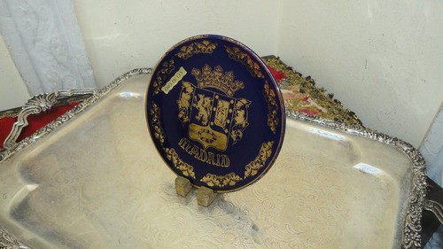 Plato Español Escudo Madrid Cobalto Pintado Oro Ley Vealo 1