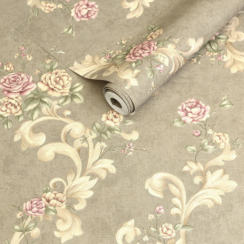 Papel De Parede Importado Marrom Com Flores Rosas Rolo 10m 0