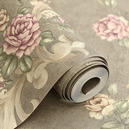 Papel De Parede Importado Marrom Com Flores Rosas Rolo 10m 1