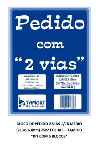 Bloco De Pedido 1/18 Médio 2 Vias (163x213mm) 25x2 Fls C/5un 1