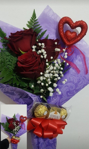 Floreria Ramo De 3 Rosas, Bombones Y Pink Corazon. 0