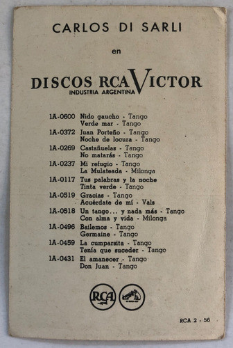 Tarjeta Postal Publicidad Rca Victor Carlos Di Sarli 1940's 1