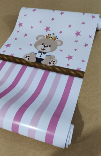 Papel De Parede Lavável Adesivo Azulejo Ursinho Estrela Rosa 1