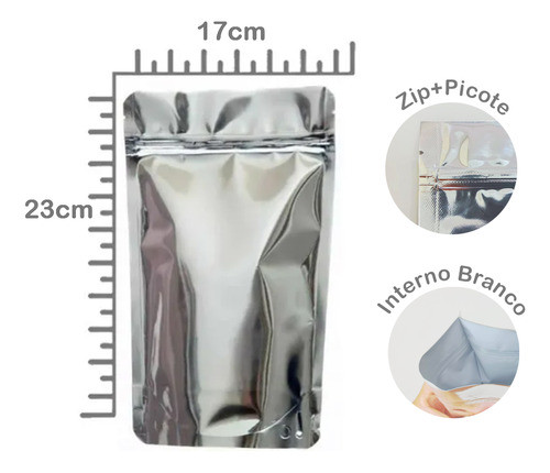 Saco Stand Up Pouch 17x23+3cm Lami Metali Prata Zip 100unid 0