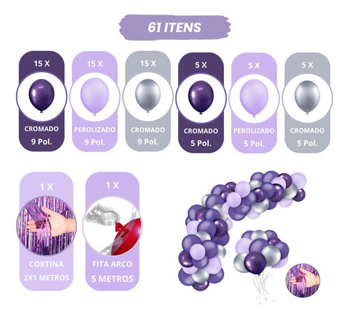 Kit Balão Roxo E Prata + Fita Arco + Tutorial De Montagem 1