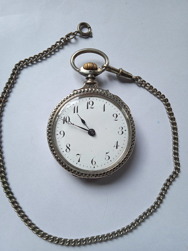 Antiguo Reloj Bolsillo De Plata Con Cadena Está Y Funciona I 0