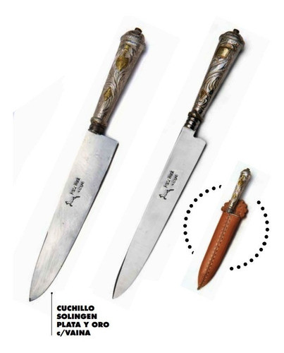Cuchillo Criollo Hoja Alemana Puño En Plata Y Oro 1