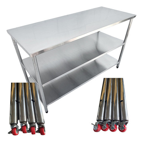 Bancada Inox Rodinhas 80x40 Mesa Com Rodizio 2 Prateleiras 0