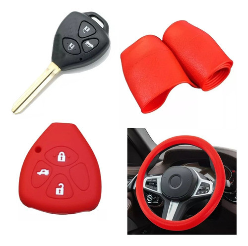 Cubre Volante + Funda Llave Silicona 3 Botones Toyota Rojo 0
