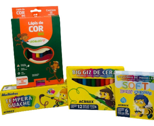 Kit Material Escolar Lápis De Cor Giz Cera Guache Massinha 2 0