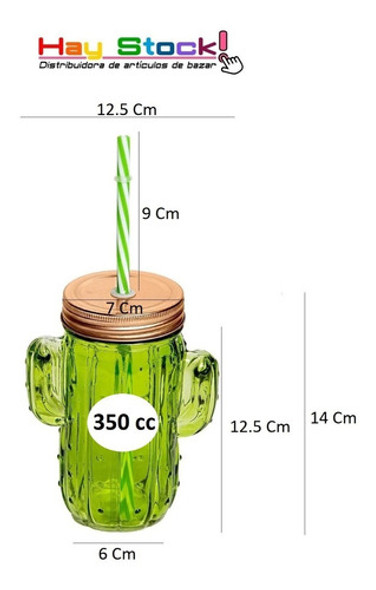Jarro Vidrio Forma Cactus Verde Con Tapa Y Sorbete / X16 Un 1