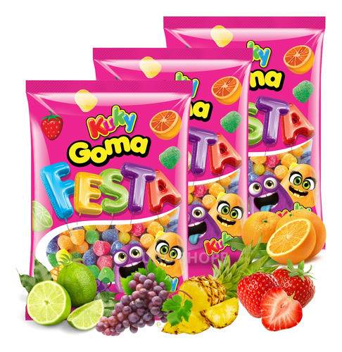 Kit 3 Bala De Goma Festa Kuky Sortida 500g (colorido) Jujuba 0