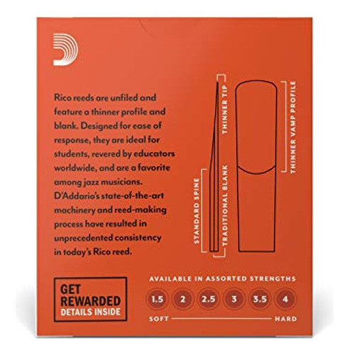 Cañas D'addario Rico Para Saxo Alto, Fuerza 2.5, Paquete De 1