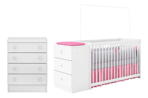 Quarto Do Bebê Berço Conjugado E Cômoda 4 Gavetas Branco 0