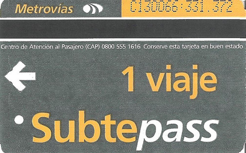 Subtepass Tarjeta 26-02-2001 Usada Subte Colección 0