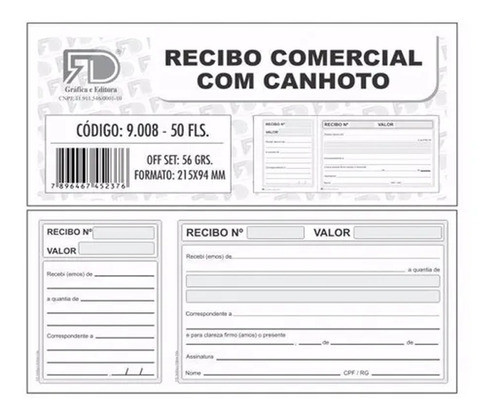 Recibo Comercial C/ Canhoto - 21,5x9,4cm 5 Blocos C/50 Fls 0