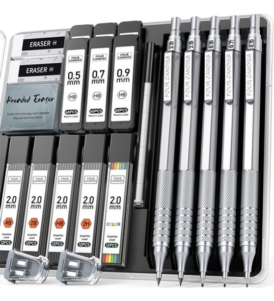 Four Candies Juego Portaminas Metal, 3 Lápices Dibujo 0,5, Y 0