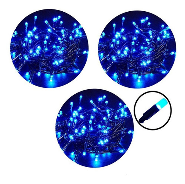 03 Pisca Pisca Luz 100 Lâmpadas Natal 8 Funções - Azul 0
