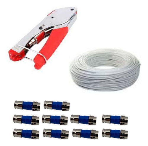 Kit Alicate Para Crimpar  + 10 Conectores Coaxial + 40m Cabo 0