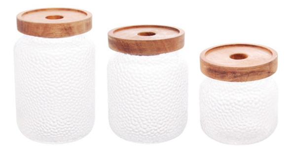 Kit 3 Potes Vidro Martelado Tampa Madeira 700ml,500ml,350ml 0