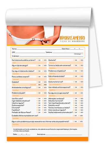 Bloco Ficha Anamnese De Bronzeamento C/ 100 Fls - 14,8x21cm 0