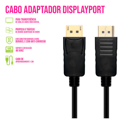 Cabo Displayport Para Displayport 1,5m Full Hd 4k Pc Video 1