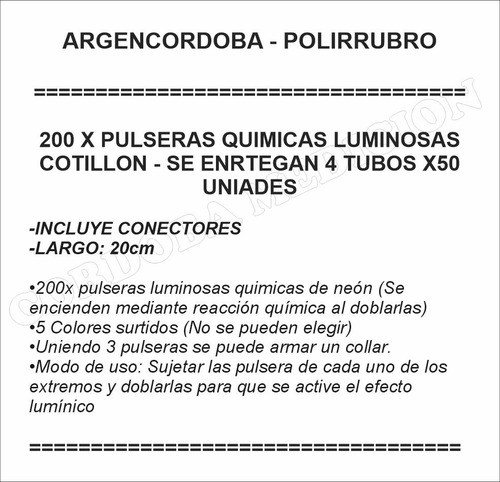 200 X Pulseras Quimicas Luminosas Cotillon 4 Tubos X50 1