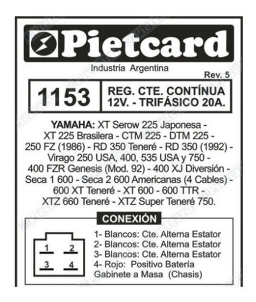 Regulador Voltaje Yamaha Rd 350 Teneré - Pietcard 1153 1 Regulador Voltaje Yamaha Rd 350 Teneré - Pietcard 1153 1