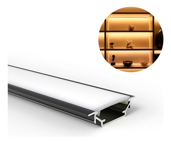 Perfil Porta Led Embutir Difusor Negro Tira 3 Mts Aluminio 0