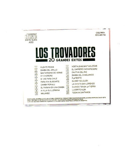 Cd Musical Los Trovadores, 20 Grandes Éxitos, Columbia 1991 1