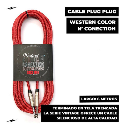 Cable Western Instrumentos Plug 6 Mts Recto Textil Rojo 1