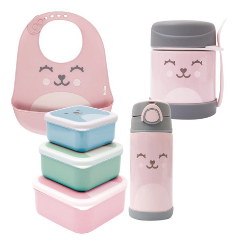 Kit Alimentação Buba Pote E Garrafa Térmica Babador Rosa 0