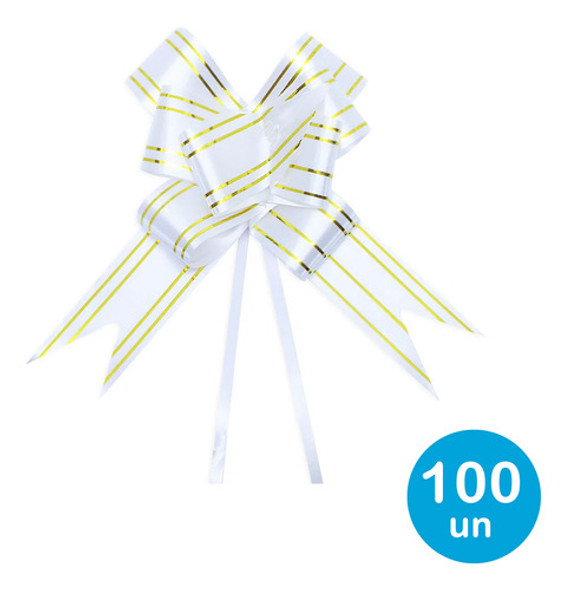 Laço Pronto P/ Presentes 20cm - Branco C/ Dourado 100un 0 Laço Pronto P/ Presentes 20cm - Branco C/ Dourado 100un 0