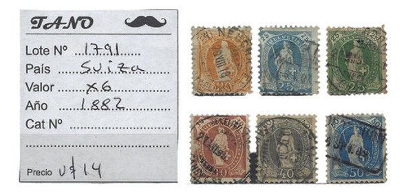Lote1791 Suiza 6 Estampillas Año 1882 Antiguas 0