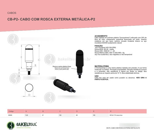 Cabo Rosca Externa Inox Bakelitsul P2 M12 X 105mm (10 Peças) 1